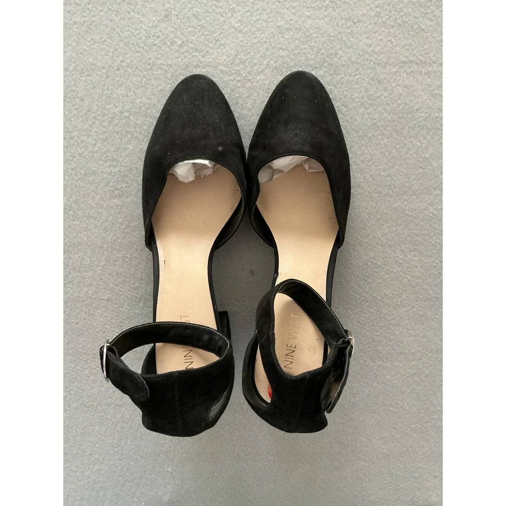 Nine West Block Heel Pumps Size 10M Black Suede Ankle Strap Metallic Trim